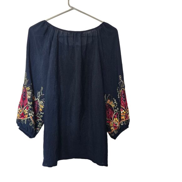 Olivia Martin Blue Boho Flowy Embroidered Sleeves Keyhole Semi Sheer Top Large - Picture 2 of 5